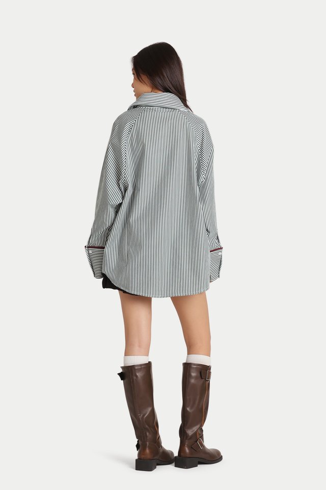 ZEPH CONTRAST TRIMMING OVERSIZED SHIRT IN FOREST STRIPES