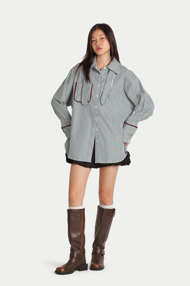 ZEPH CONTRAST TRIMMING OVERSIZED SHIRT IN FOREST STRIPES
