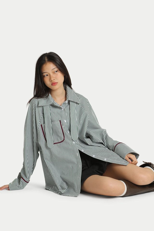 ZEPH CONTRAST TRIMMING OVERSIZED SHIRT IN FOREST STRIPES