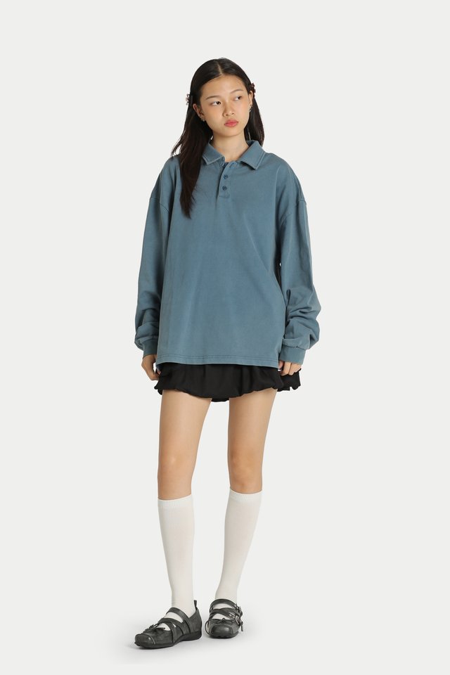 JOELLE WASHED LONG SLEEVE POLO IN VINTAGE BLUE