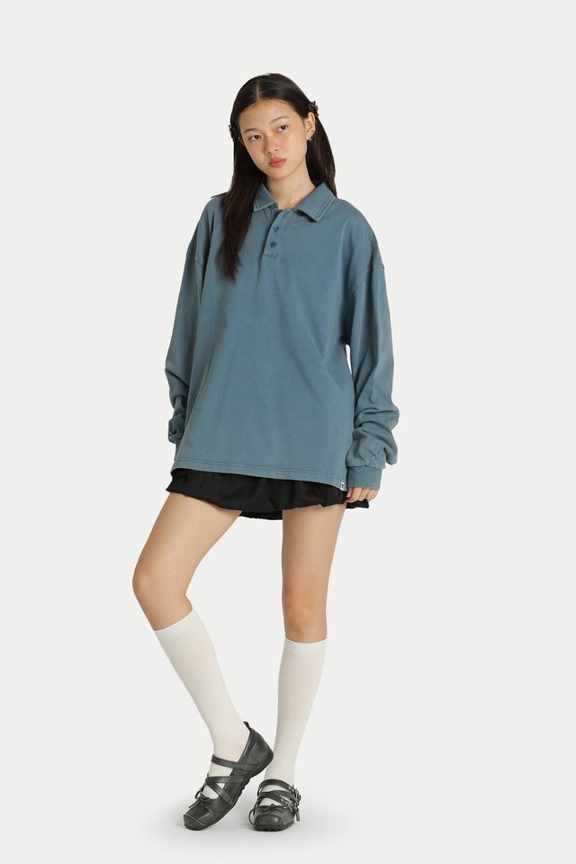 JOELLE WASHED LONG SLEEVE POLO IN VINTAGE BLUE