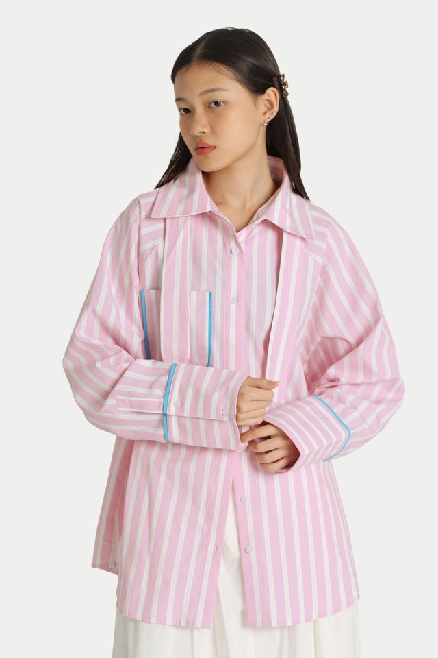 ZEPH CONTRAST TRIMMING OVERSIZED SHIRT IN PINK STRIPES