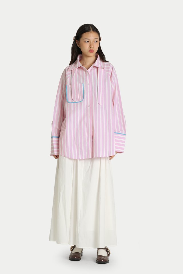ZEPH CONTRAST TRIMMING OVERSIZED SHIRT IN PINK STRIPES