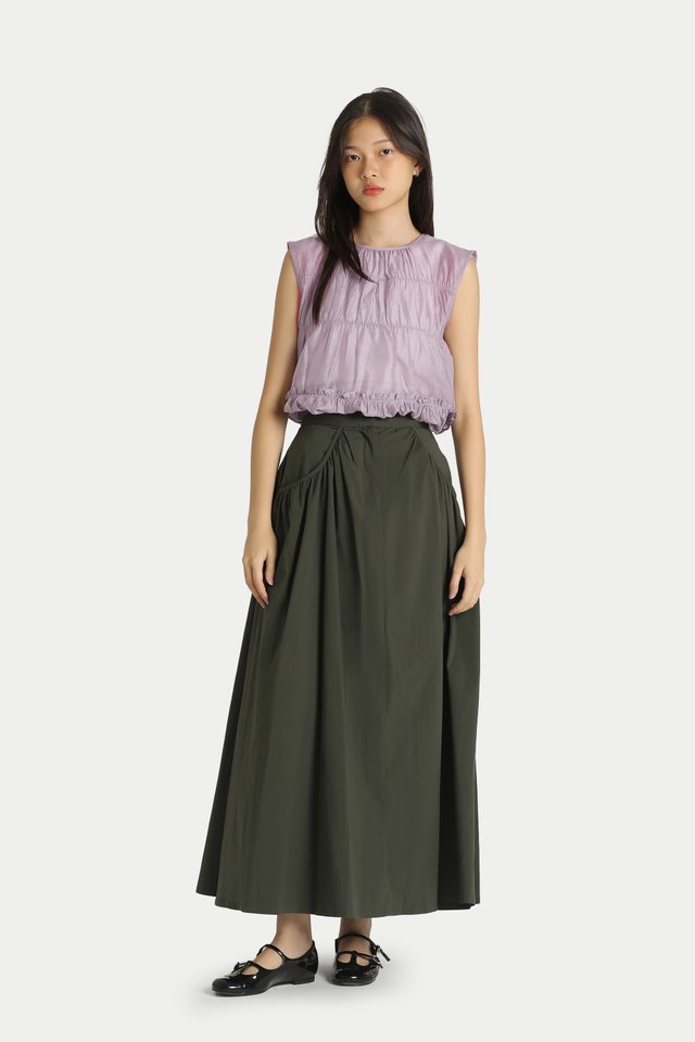 LUNETTE NYLON GATHERED POCKET SKIRT IN MOSS