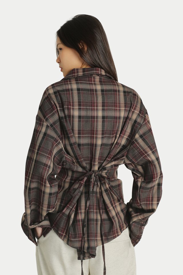 SIENNA WAIST TIE FLANNEL SHIRT IN DARK CHERRY PLAID