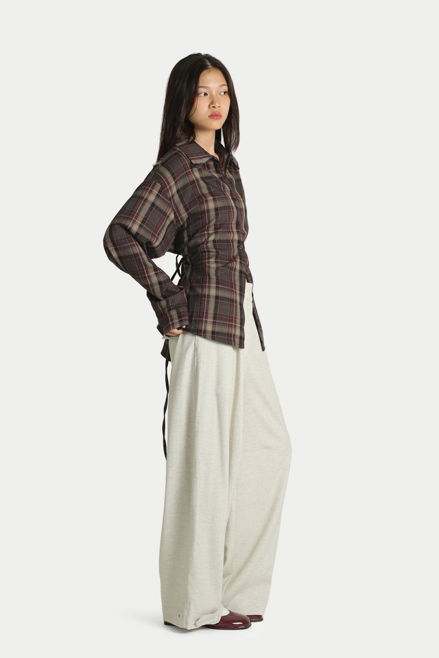 SIENNA WAIST TIE FLANNEL SHIRT IN DARK CHERRY PLAID