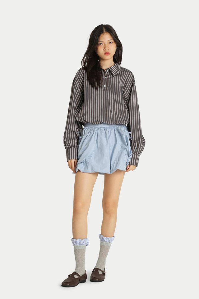 WILLA DRAWSTRING HEM SHIRT IN COCOA STRIPES