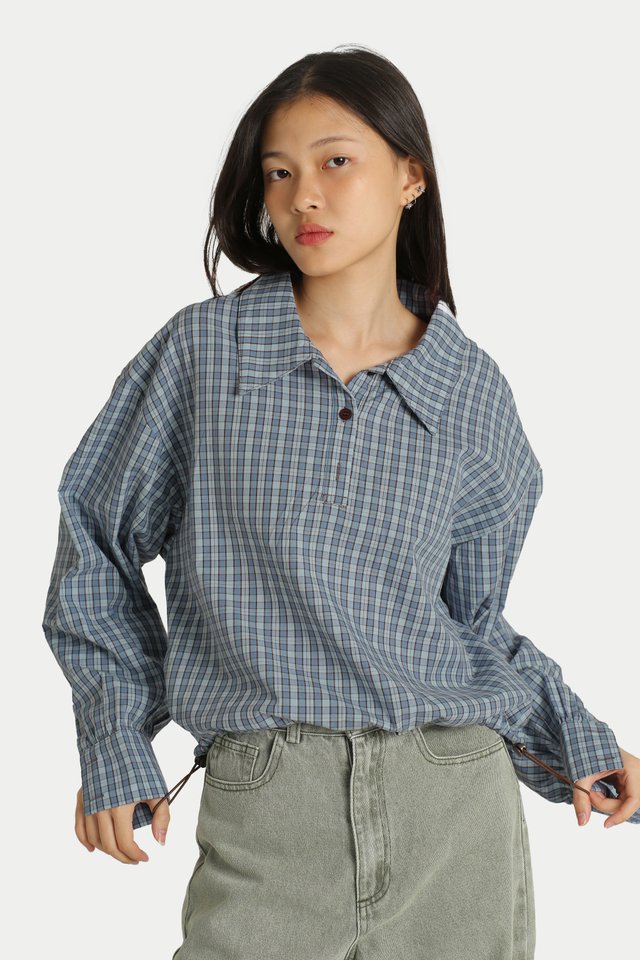 WILLA DRAWSTRING HEM SHIRT IN DUSK CHECKS