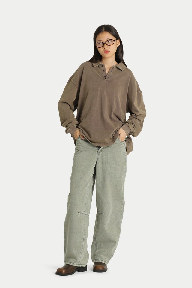 JOELLE WASHED LONG SLEEVE POLO IN CEDAR
