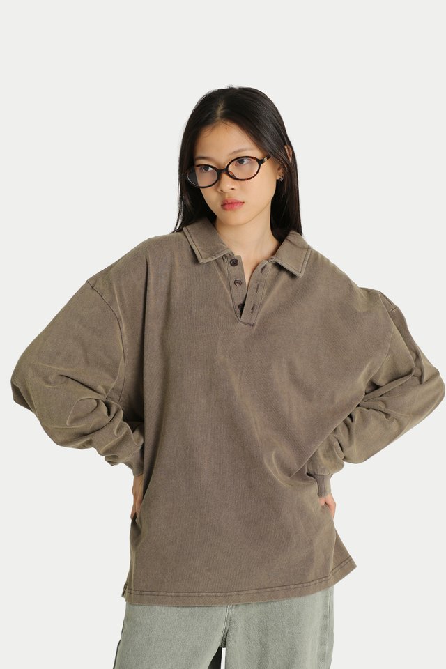 JOELLE WASHED LONG SLEEVE POLO IN CEDAR