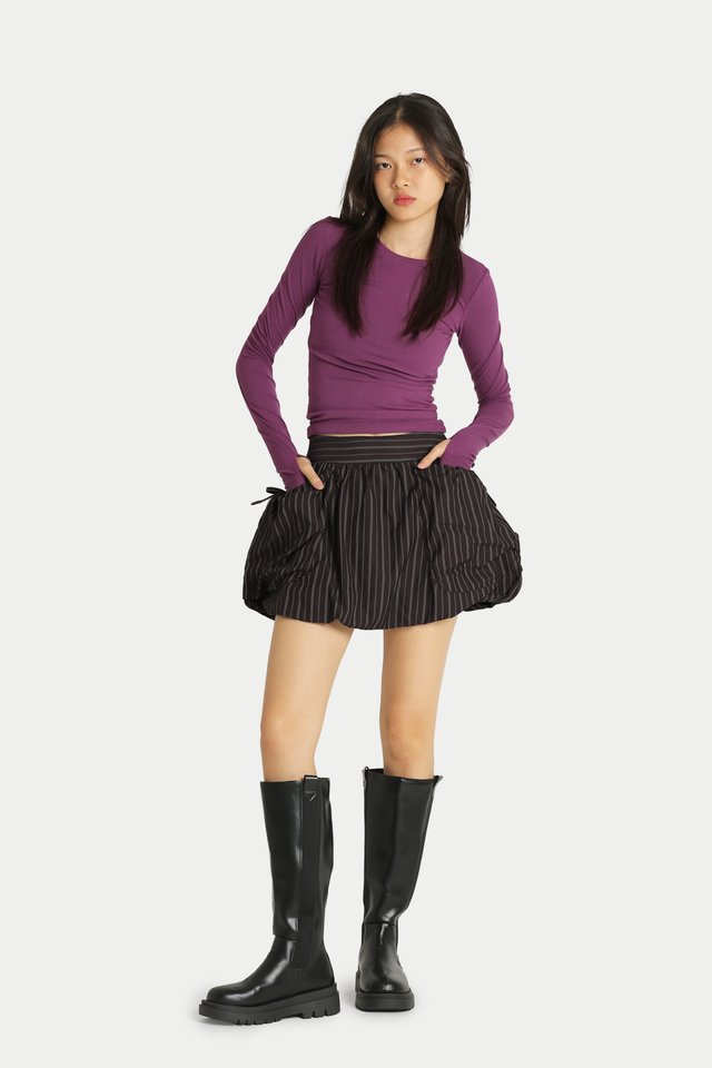 CALISTA GATHERED POCKET BUBBLE SKORTS IN ESPRESSO STRIPES