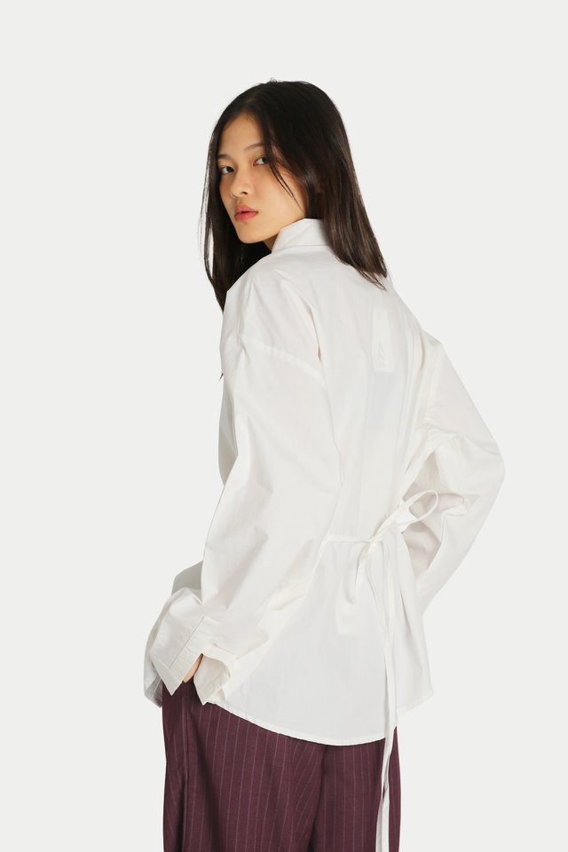 SIENNA WAIST TIE FLANNEL SHIRT IN WHITE