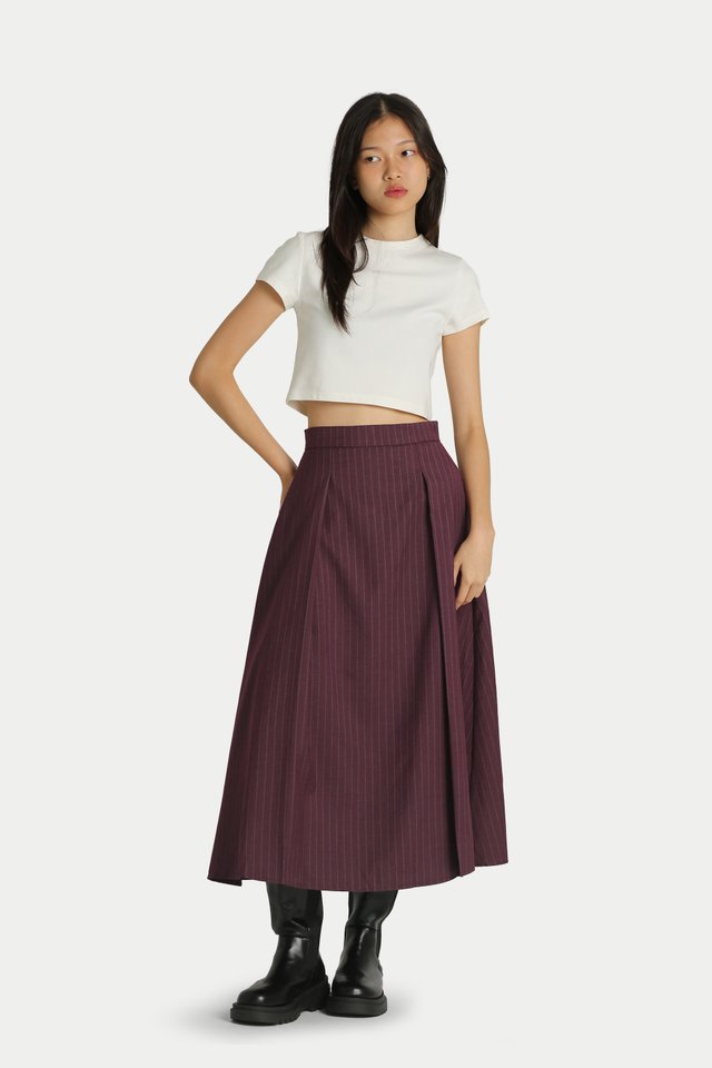 MARLOWE MIDI PLEATED SKIRT IN MERLOT STRIPES