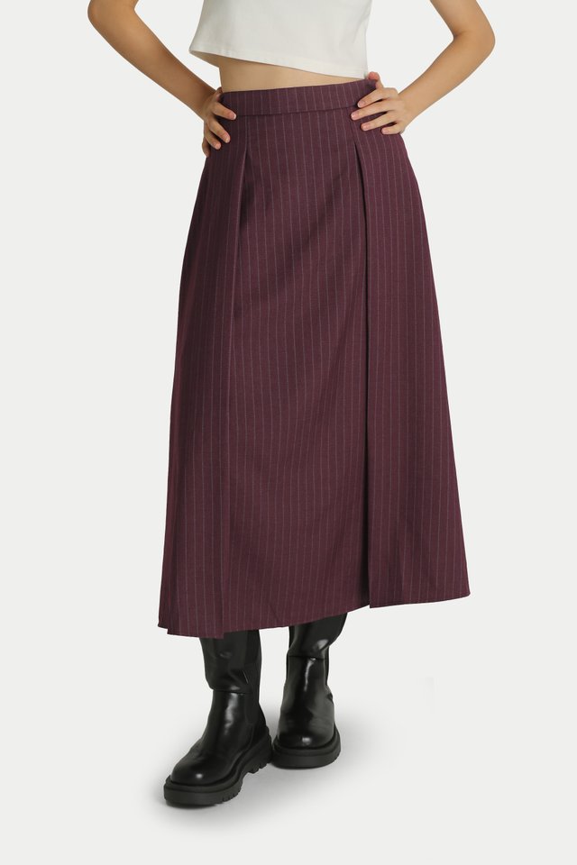 MARLOWE MIDI PLEATED SKIRT IN MERLOT STRIPES