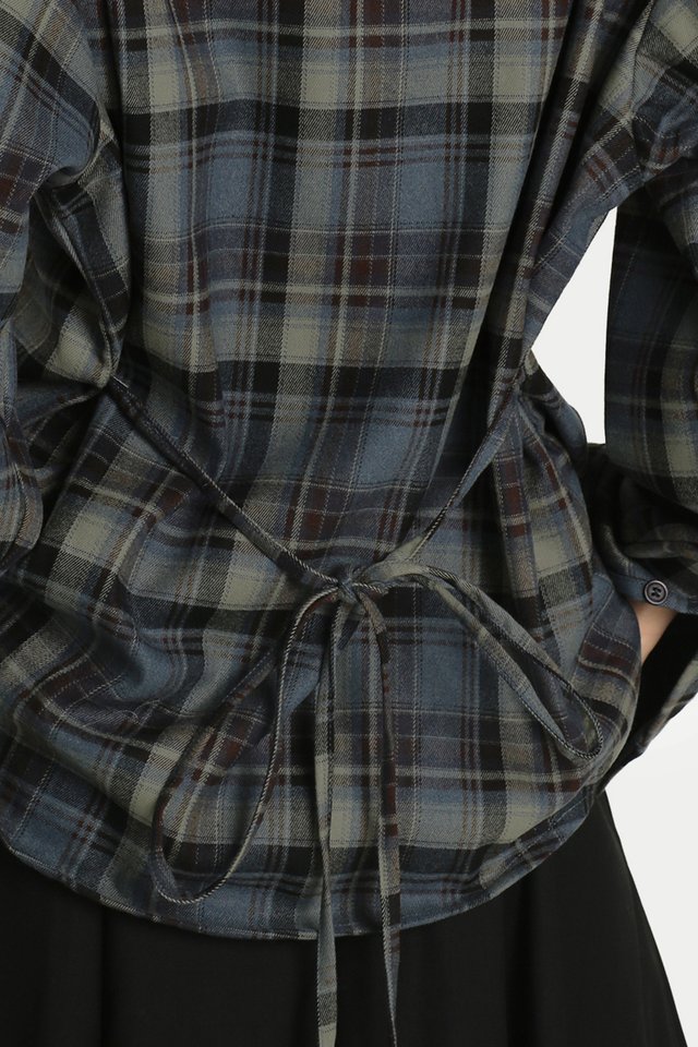 SIENNA WAIST TIE FLANNEL SHIRT IN BLUE PLAID