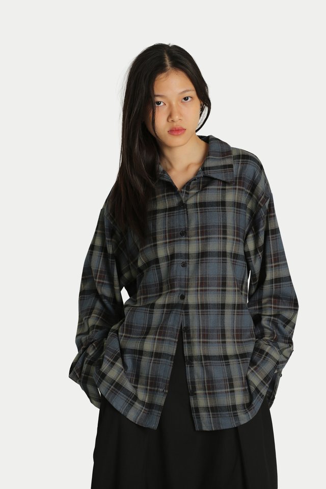 SIENNA WAIST TIE FLANNEL SHIRT IN BLUE PLAID