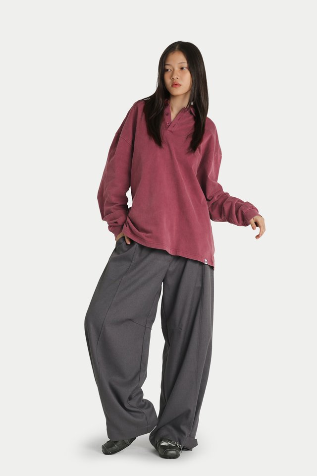 JOELLE WASHED LONG SLEEVE POLO IN BERRY