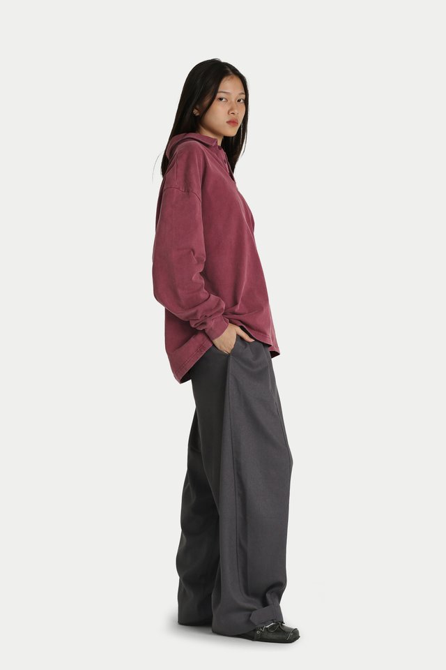 JOELLE WASHED LONG SLEEVE POLO IN BERRY