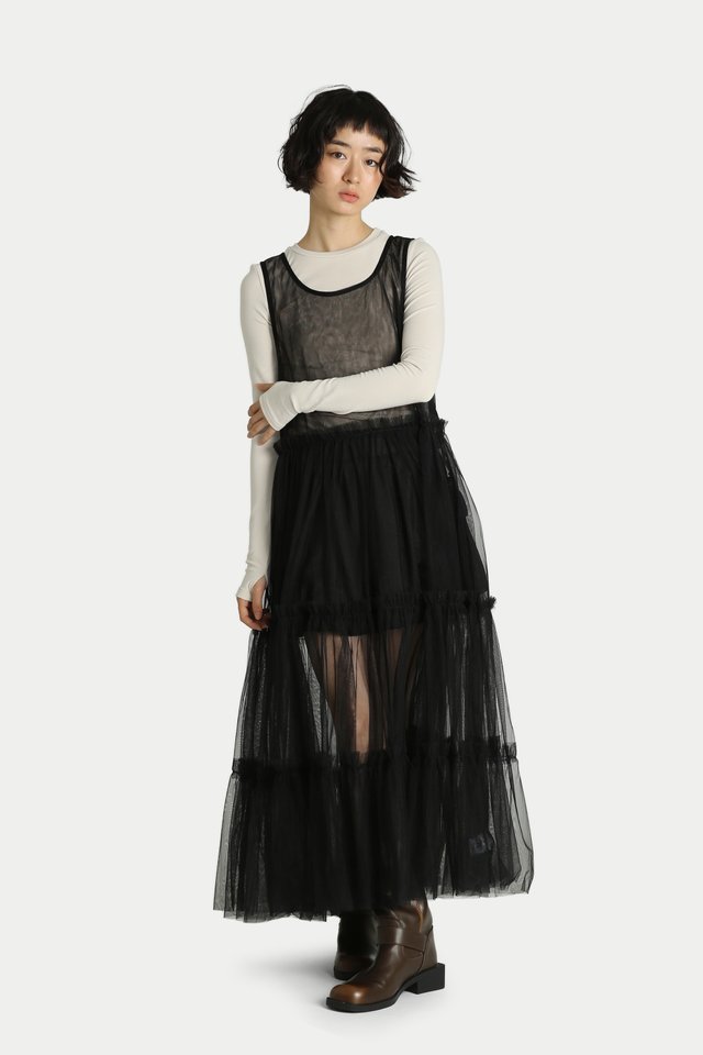 EMIKO SHEER MESH TIER DRESS IN BLACK
