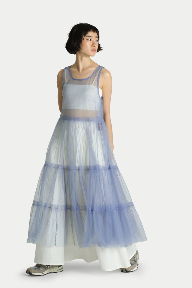 EMIKO SHEER MESH TIER DRESS IN BLUE IRIS