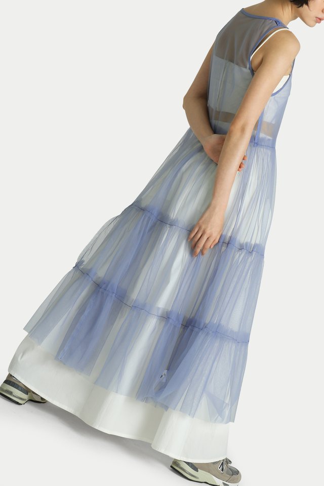 EMIKO SHEER MESH TIER DRESS IN BLUE IRIS