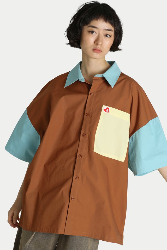 RAYLIE COLOUR BLOCK SHIRT IN TOFFEE