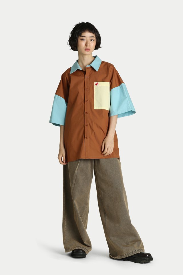 RAYLIE COLOUR BLOCK SHIRT IN TOFFEE