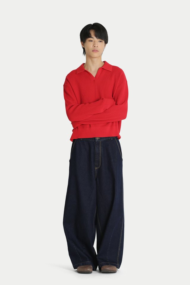 NOLAN LONG SLEEVE KNITTED POLO IN RED