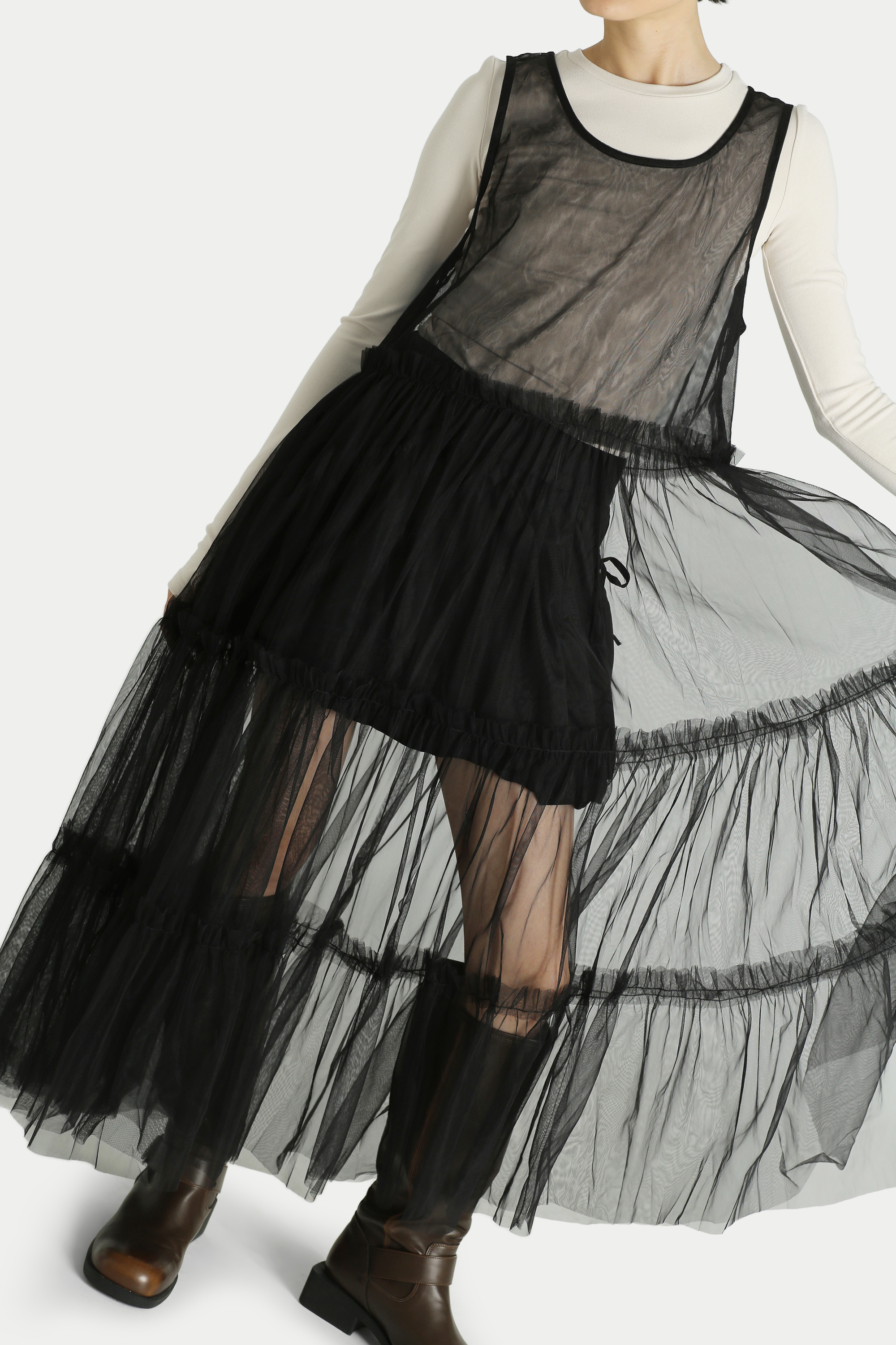 EMIKO SHEER MESH TIER DRESS IN BLACK