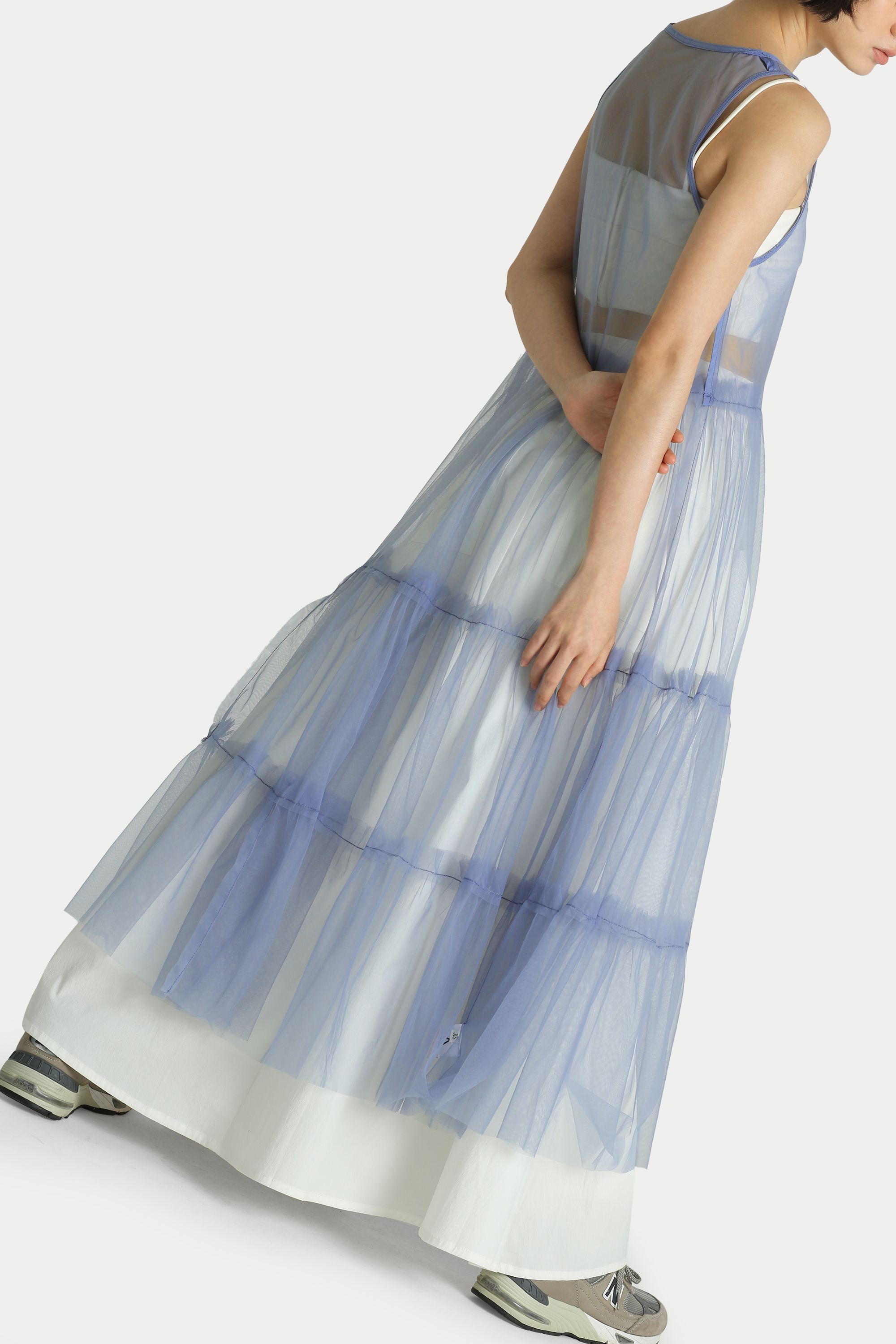 EMIKO SHEER MESH TIER DRESS IN BLUE IRIS