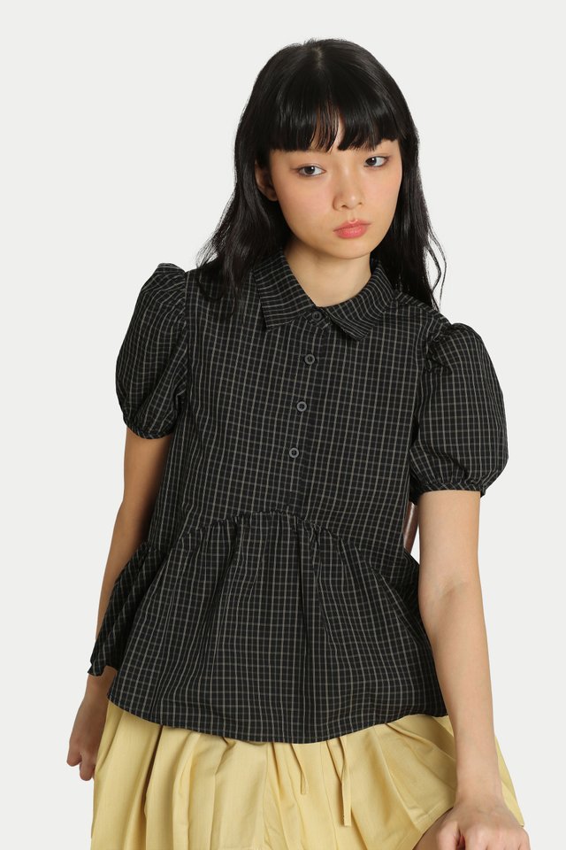 JANIE PUFF SLEEVE PEPLUM SHIRT IN BLACK CHECKS