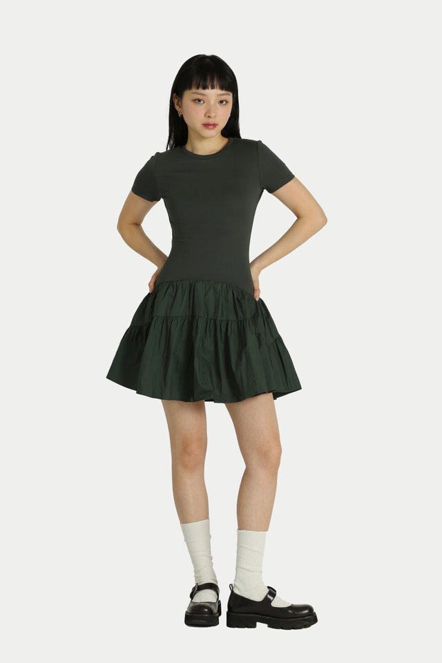 KELSEY JERSEY GATHER ROMPER DRESS IN HUNTER