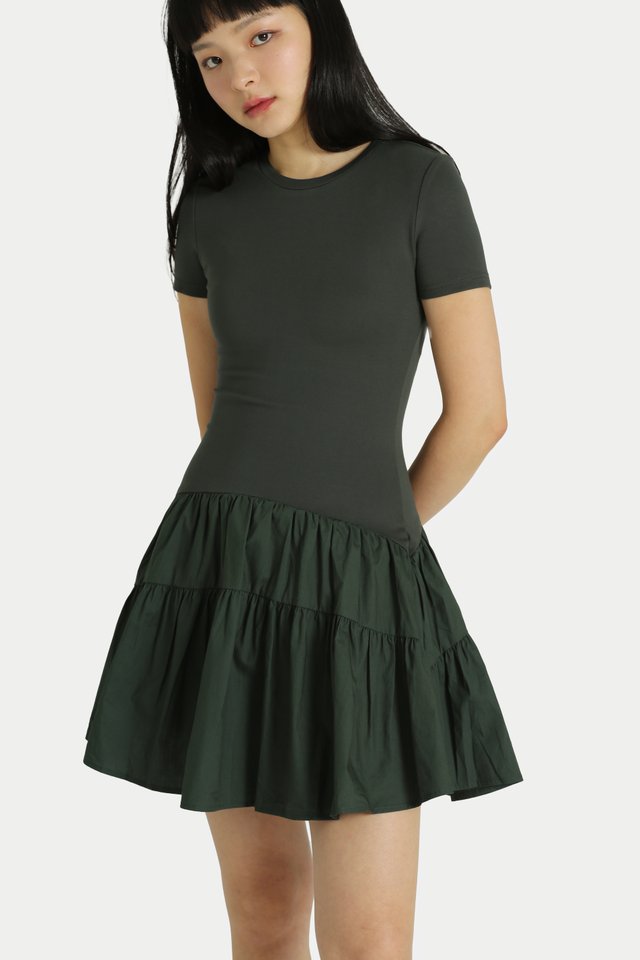 KELSEY JERSEY GATHER ROMPER DRESS IN HUNTER