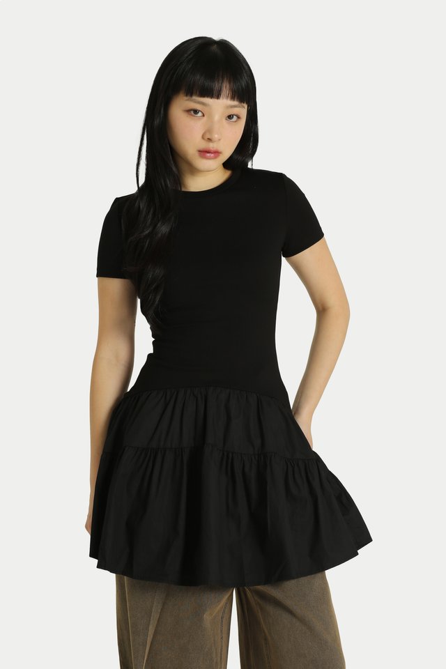 KELSEY JERSEY GATHER ROMPER DRESS IN BLACK