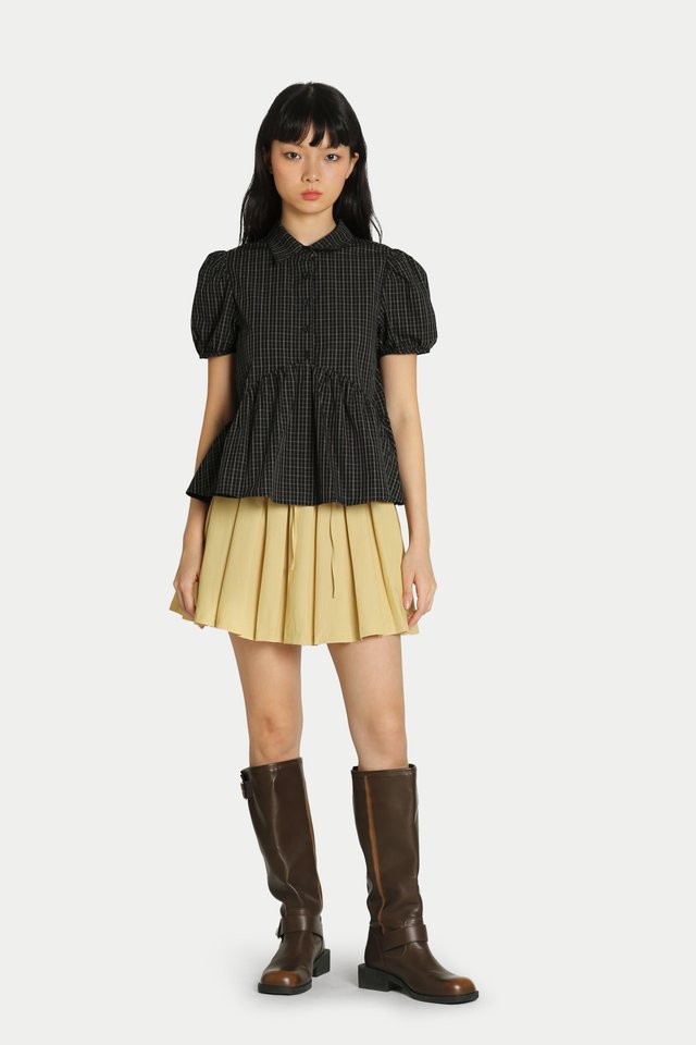 JANIE PUFF SLEEVE PEPLUM SHIRT IN BLACK CHECKS