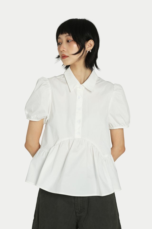 JANIE PUFF SLEEVE PEPLUM SHIRT IN WHITE