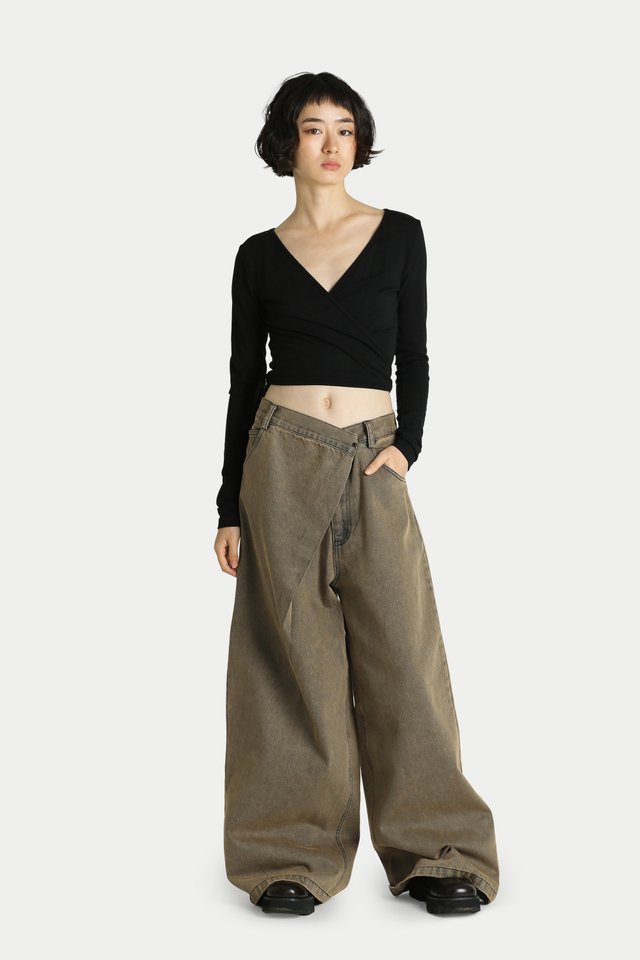AURORA LONG SLEEVE WRAP TOP IN BLACK