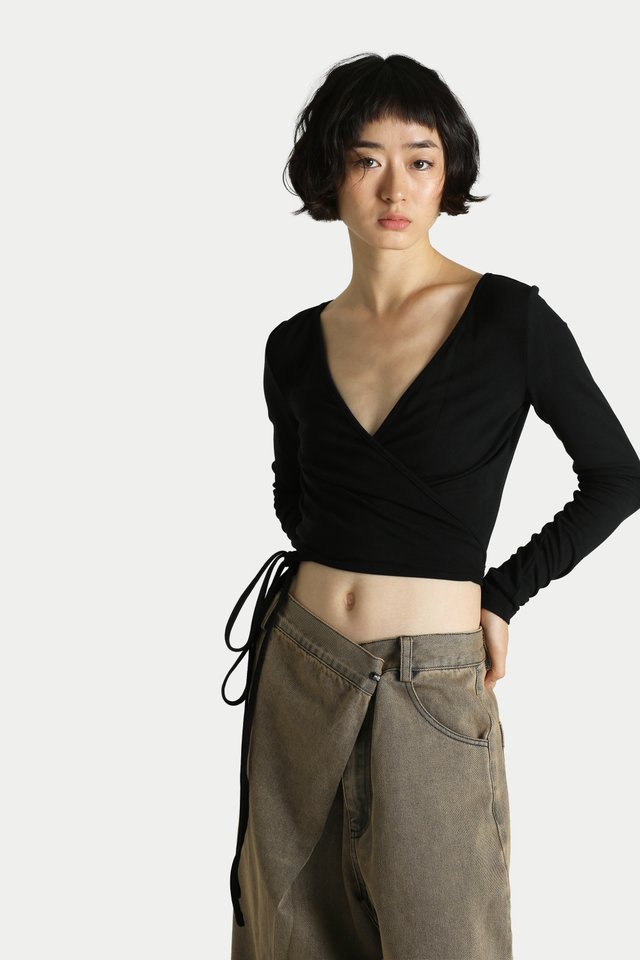 AURORA LONG SLEEVE WRAP TOP IN BLACK