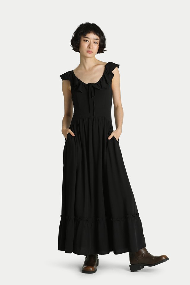 CORDELIA FRILL MAXI DRESS IN BLACK