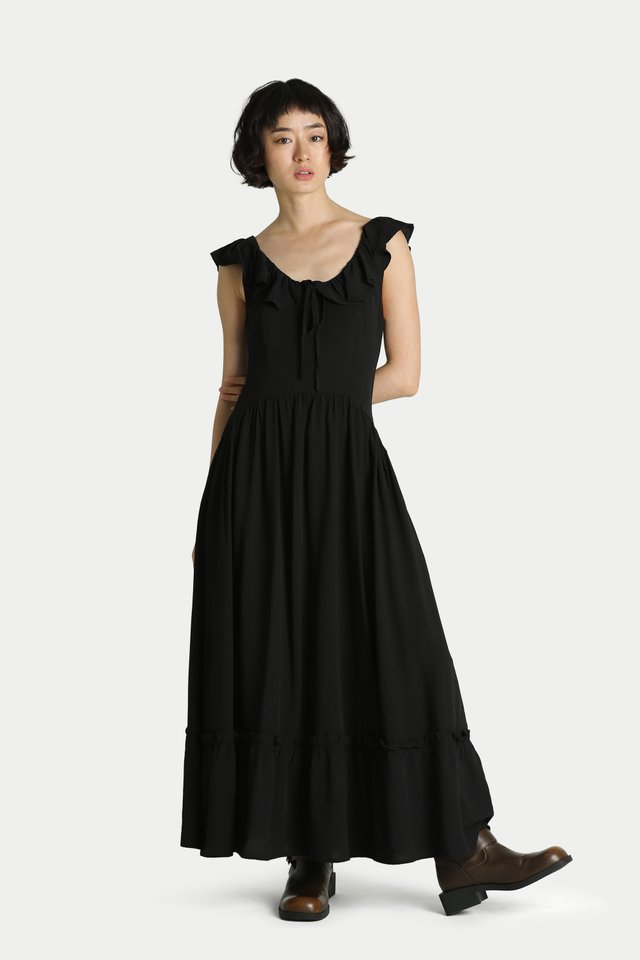 CORDELIA FRILL MAXI DRESS IN BLACK