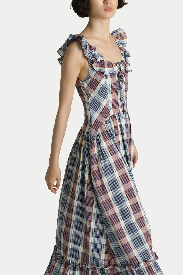 CORDELIA FRILL MAXI DRESS IN RASPBERRY PLAID