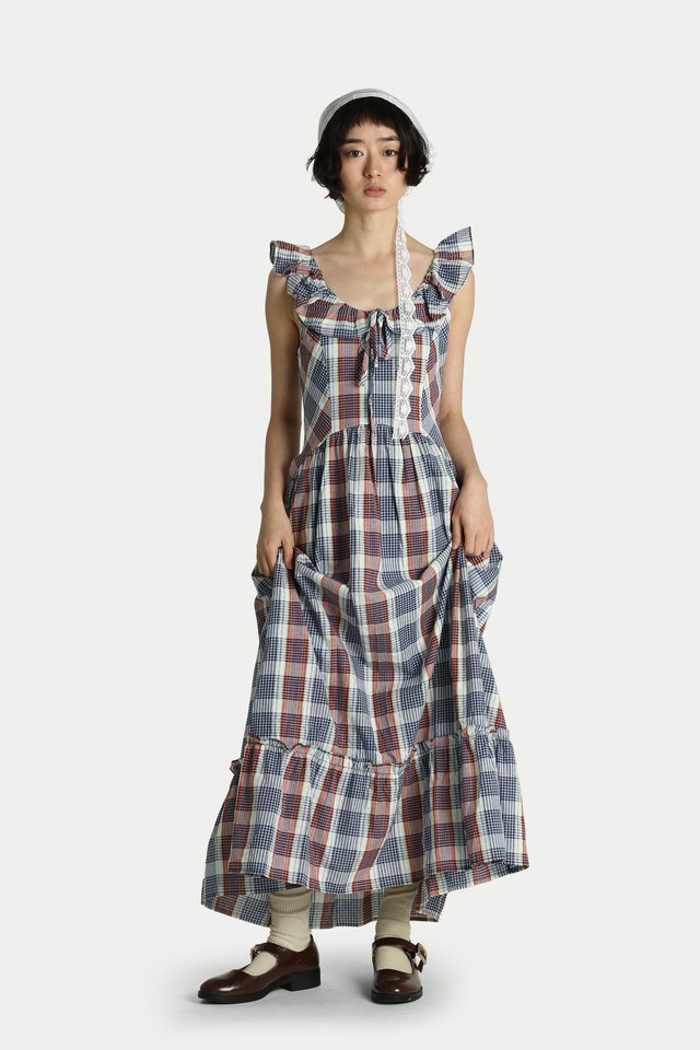 CORDELIA FRILL MAXI DRESS IN RASPBERRY PLAID