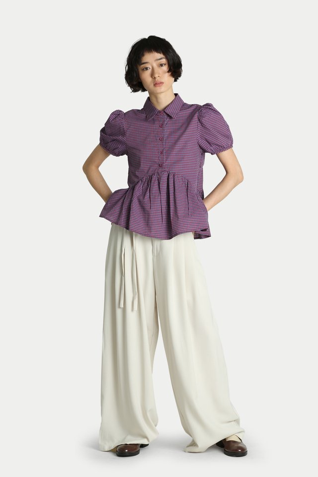 JANIE PUFF SLEEVE PEPLUM SHIRT IN BERRY CHECKS