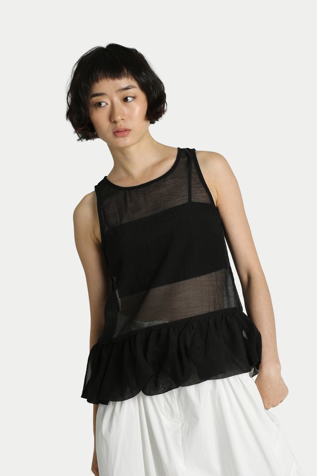 AMELIA SHEER PEPLUM TOP IN BLACK