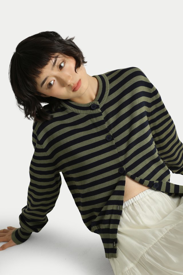 CARLA STRIPE CARDIGAN IN MIDNIGHT MOSS