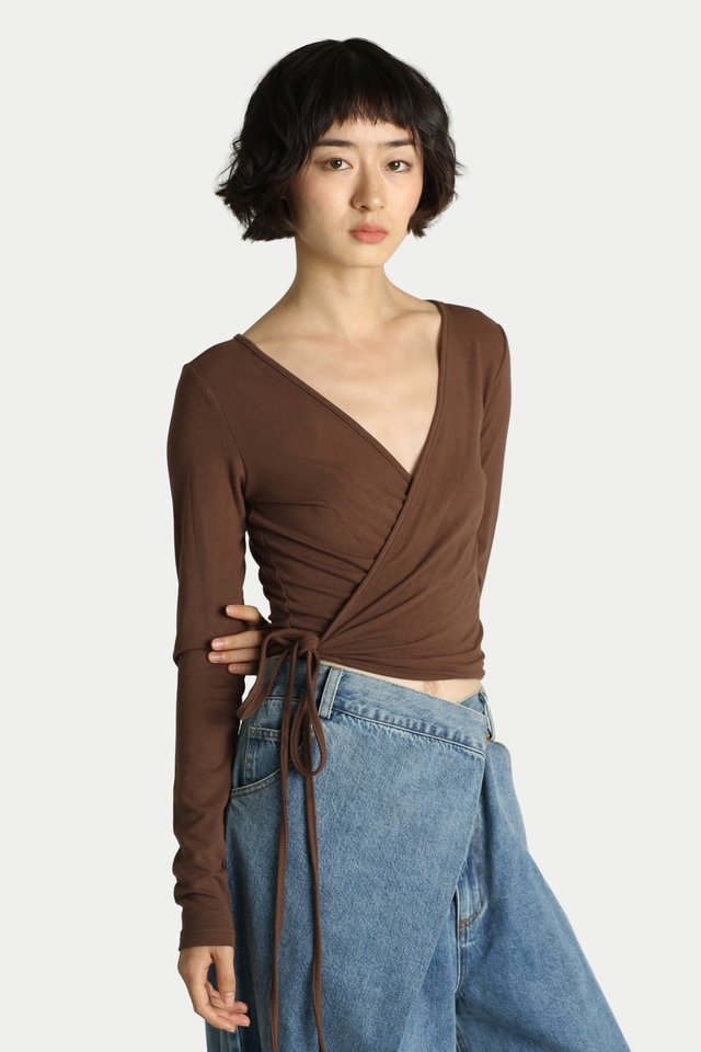 AURORA LONG SLEEVE WRAP TOP IN ESPRESSO