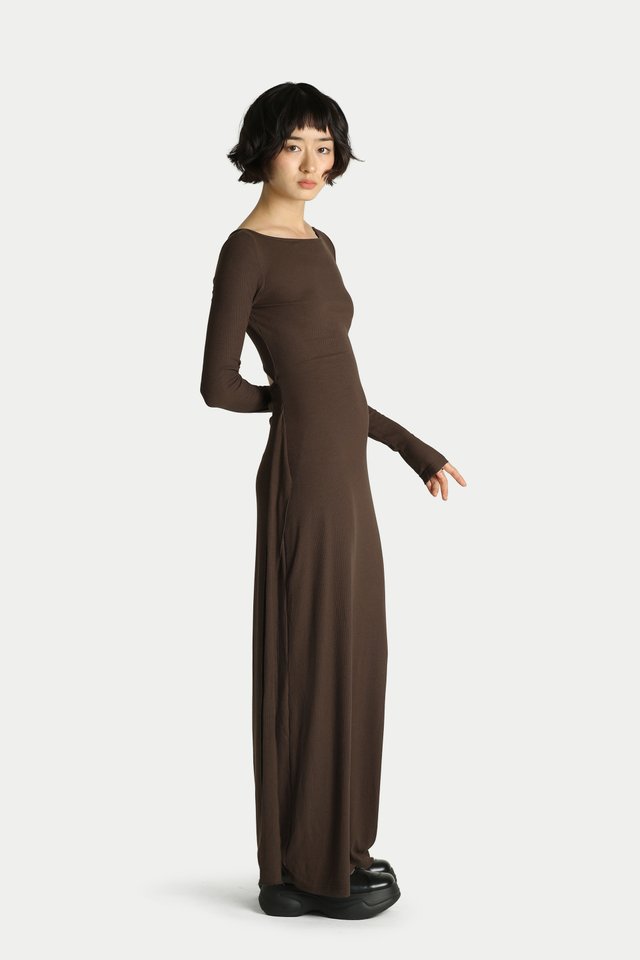 ESTELLA BACK CUT-OUT JERSEY DRESS IN ESPRESSO