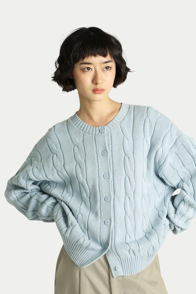 BROOKS CABLE KNIT CARDIGAN IN POWDER BLUE