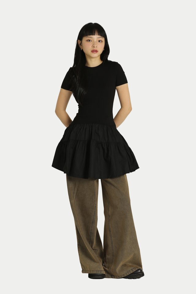 KELSEY JERSEY GATHER ROMPER DRESS IN BLACK