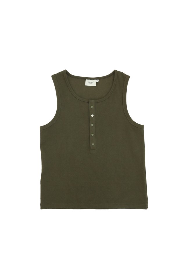 ARCADE X HIRO Y. HENLEY TANK TOP IN DARK OLIVE